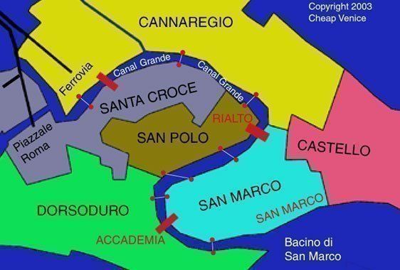Mapa de los puntos de cruce de los traghettos