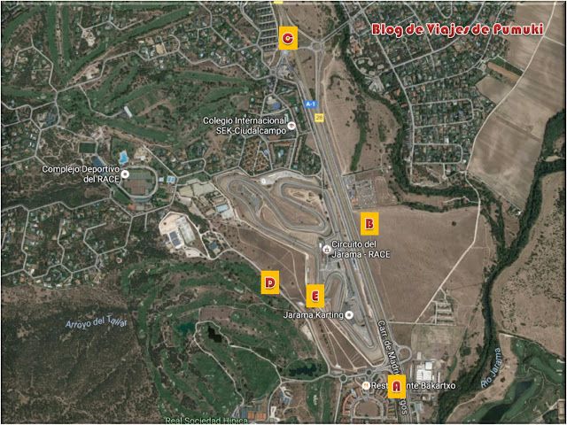 En el mapa acceso al Jarama se pueden ver las zona de parking D y cuando se llena, B