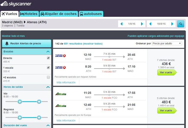 Busqueda con filtros de Skyscanner