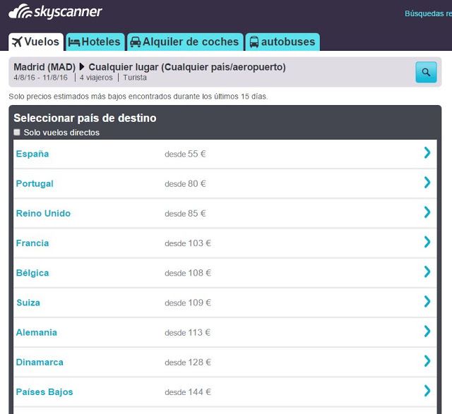 Selección del destino con Skyscanner