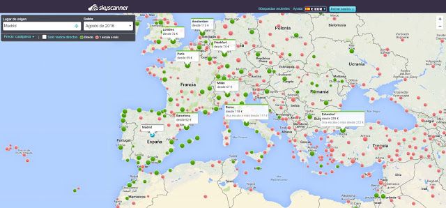 Planificacion del viaje con el mapa de Skyscanner